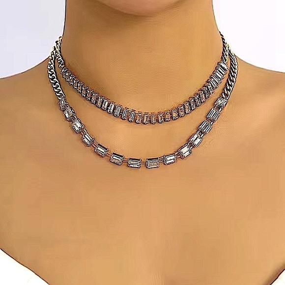 Gold Plated Diamond Baguette Multilayer Choker Necklace - Picture 2 of 8